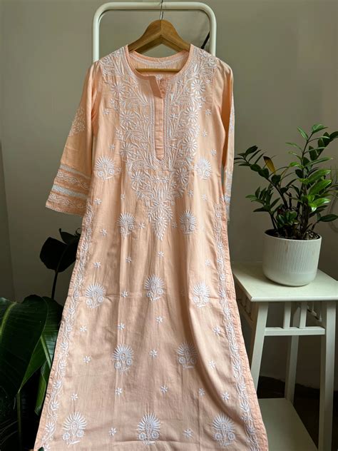 Cotton Chikankari Kurti - Peach - ARIAA CHIKANKARI
