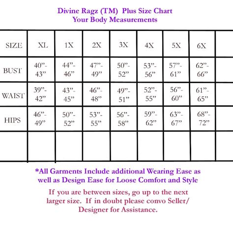 Plus Size Chart XL 1X 2X 3X 4X 5X 6X Divine Ragz TM by DivineRagz