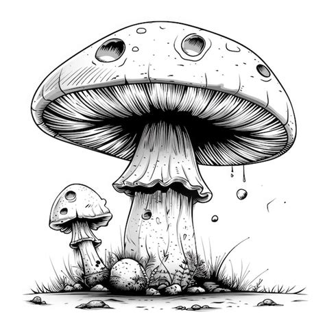 A vector line art in black and white of a magic mushroom caricature in ...