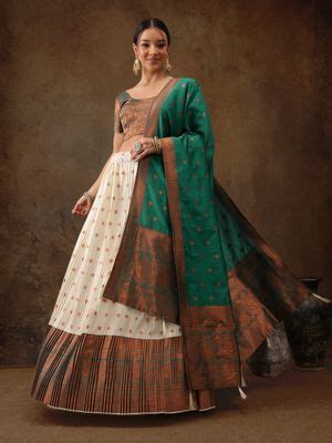 Buy Silk Land Green Zari Butti Semi Stitched Lehenga and Unstitched ...