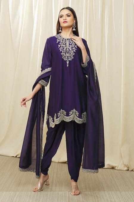 Buy Purple Silk Cut Work, Sequins, Embroidery Round Neckline Tunic ...