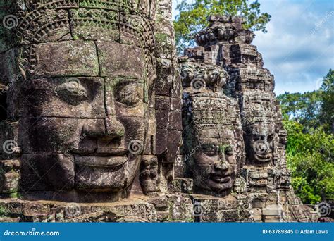 Buddhist Faces on Towers at Bayon Temple, Cambodia Stock Image - Image ...