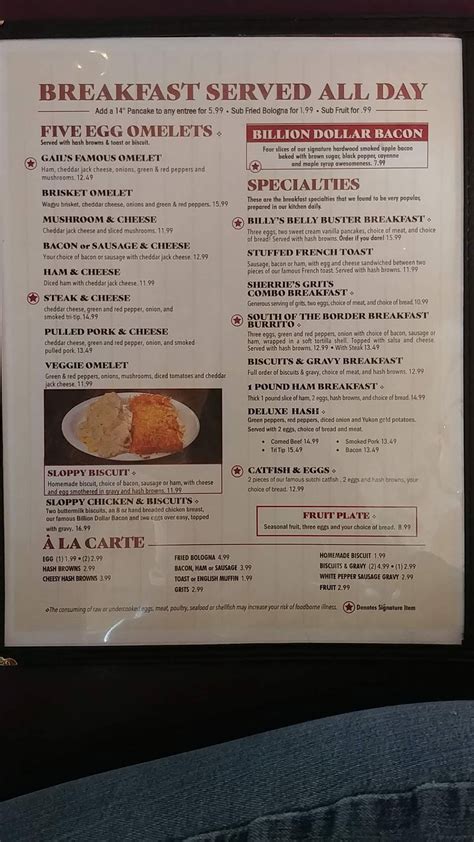 Menu at Billy Gail's cafe, Branson