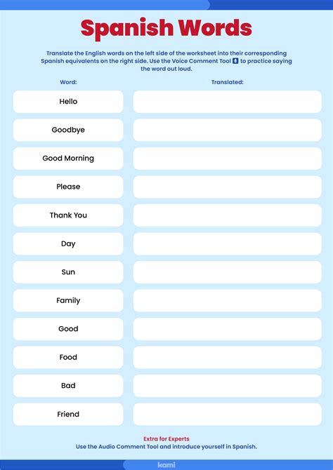 Spanish Words Worksheets For Beginners