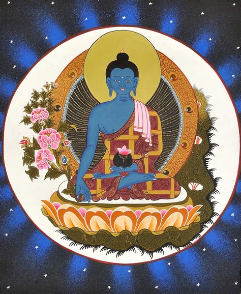 Exotic India Tibetan Buddhist Deity Medicine Buddha - Tibetan Thangka ...