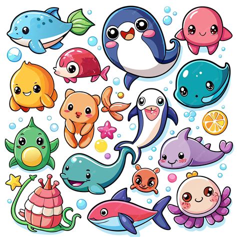 Cute cartoon sea creatures set with a white background | Premium AI ...