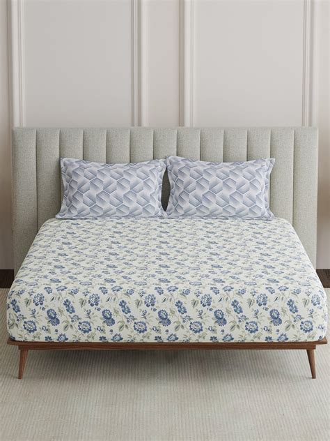 King Fitted Sheet Set, 100% Cotton 152 TC, Blue & White Floral, Embrac ...