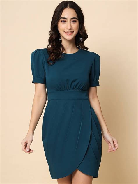 Buy Beatnik Crepe Fitted Solid Haff Sleeve Teal Blue Women Dresses ...