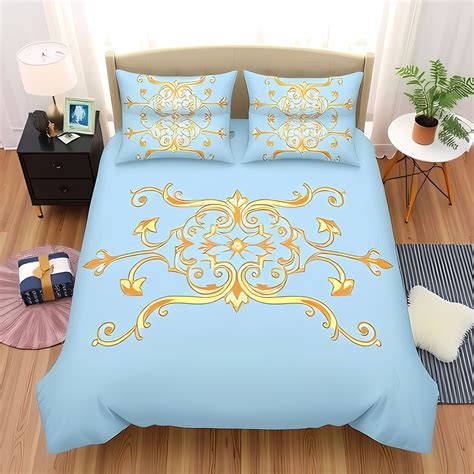 Elegant 3-Piece Light Blue Duvet Cover & Pillowcase Set with Gold ...