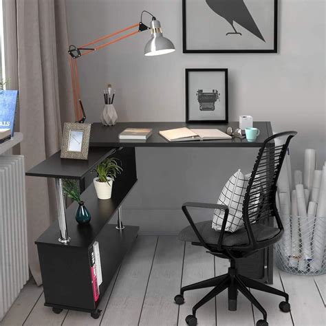 Buy L-shape Desk, 360 Degree Roration Adjustable Length Wood Computer ...