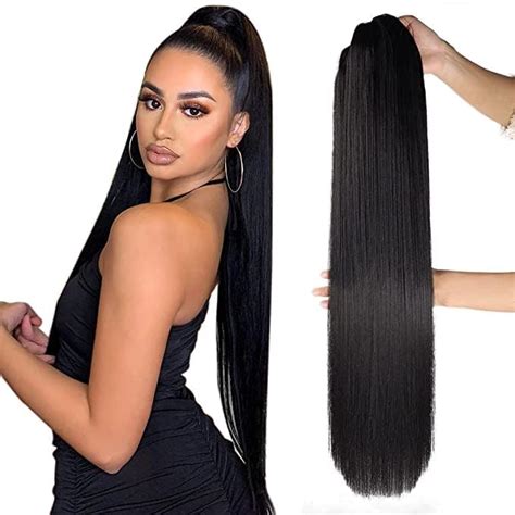 LUSH LOCKS Long Straight Drawstring Ponytail 30 Inch Synthetic Clip in ...