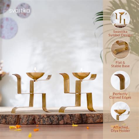 Brass Vertical Swastika Symbol Diyas (Set of 2)