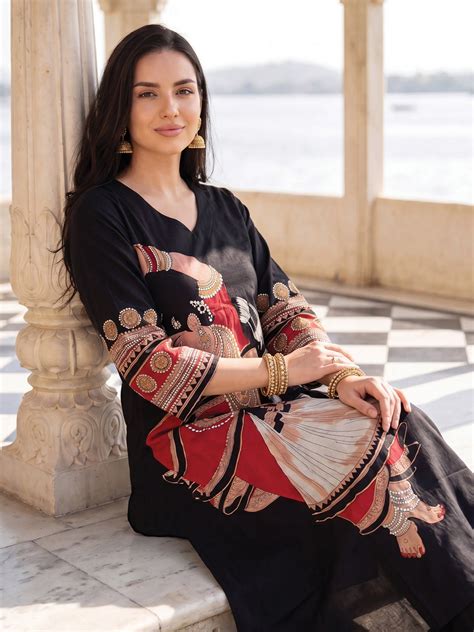 Indo Era Black Printed A-Line Kurta Trousers Set