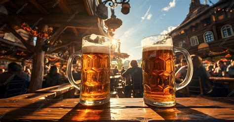 Premium AI Image | Pitchers of cold beer with foam on a wooden table in ...