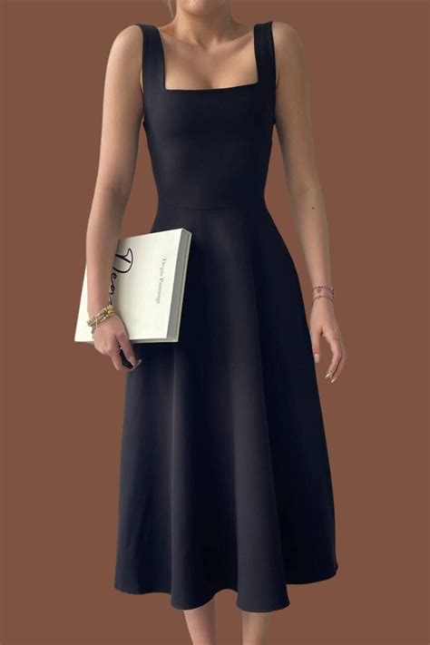 Black Long Satin Fabric Thick Strap Square Neck Flared Dress | Lovebox