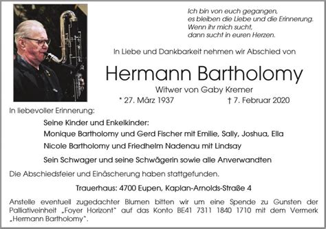 Herr Bartholomy Hermann - Sterbefälle - GrenzEcho