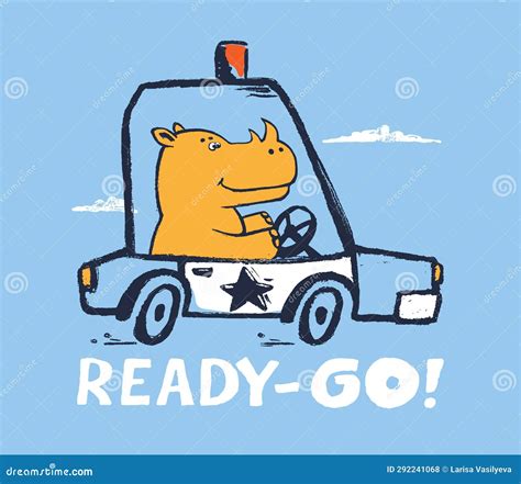 Rhinoceros Police Car Funny Cool Summer T-shirt Print Design. Drive Speed Auto. Slogan Stock ...