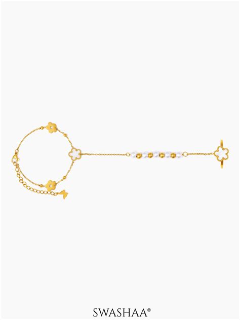 Anvika White Enamel Flower 18K Gold Plated Ring Bracelet – Swashaa