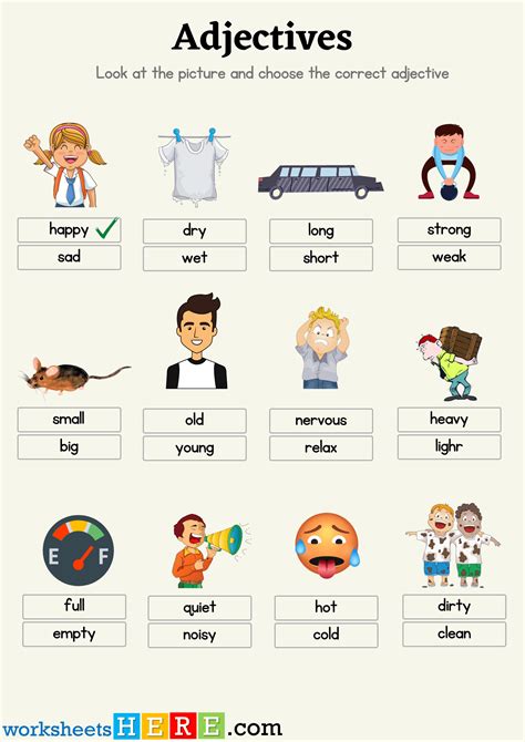 Find Correct Adjectives, Opposite Adjectives Exercises With Pictures PDF Worksheet ...