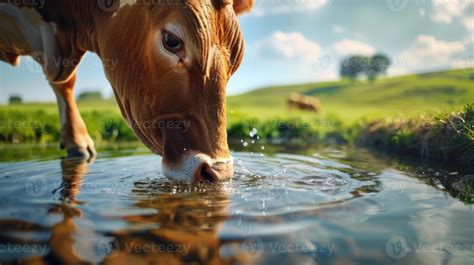 Cow drinking water from the pond on a beautiful summer day close-up ...