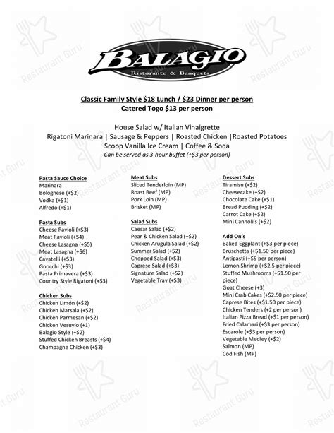 Menu at Balagio in Mokena pub & bar, Mokena