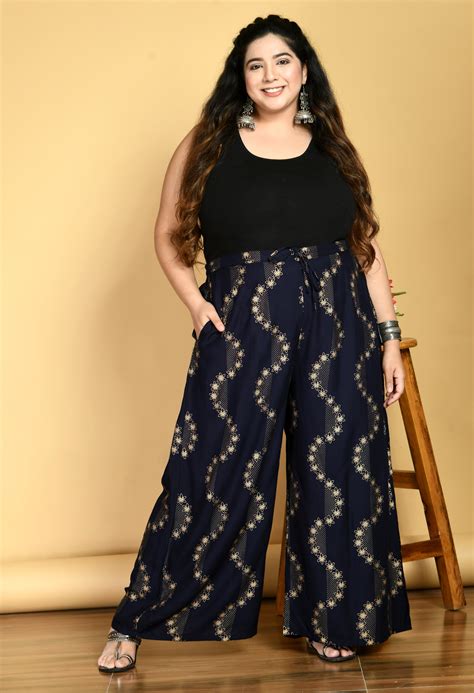 Plus Size Plus Size Navy Blue Floral Gold Printed Palazzos – DESINOOR.COM