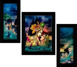 saf Radha Krishna Framed Set of 3 Ink 13.5 inch x 22.5 inch Painting ...