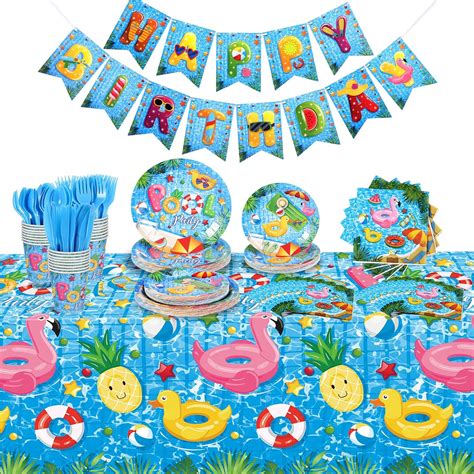 Amazon.com: Lenwen 171 Pcs Pool Birthday Party Supplies Serves 24 with ...