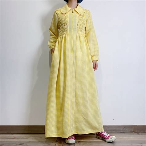 70s yellow gingham check long dress | LEMON