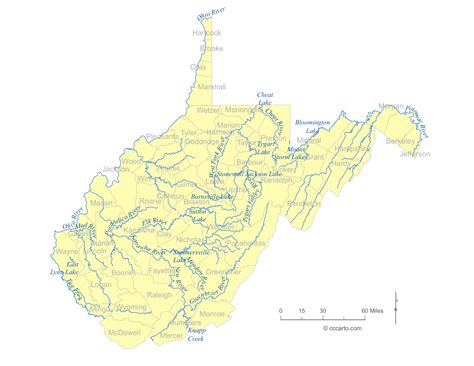 West Virginia Lakes & Rivers Map - CCCarto