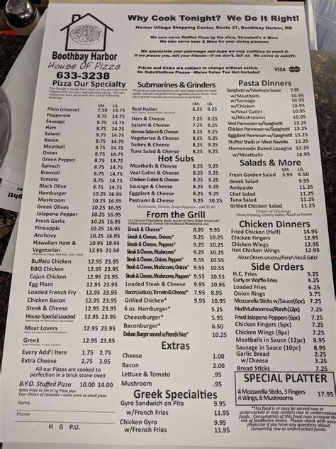 Menu at Boothbay Harbor House of Pizza pizzeria, Boothbay Harbor