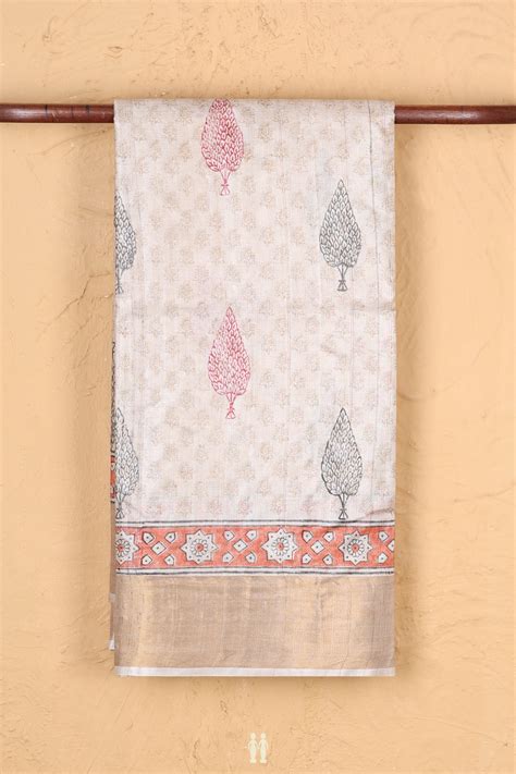 Tussar Silk Saree In Cream Color With Allover Buttas