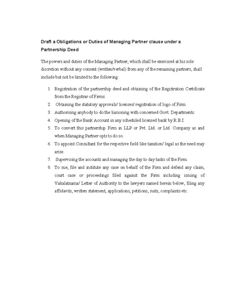 Managing Partner Powers & Duties Clause Draft for Partnership Deed ...