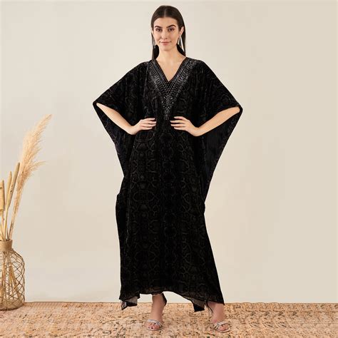 Grey Animal Print Embellished Silk Velvet Full Length Kaftan – First ...