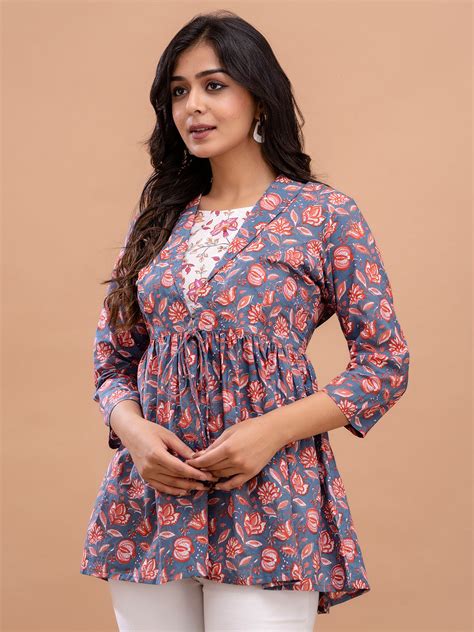 Floral Printed Shirt Collar Pure Cotton Pleated Kurti FRKT6212 – feranoid
