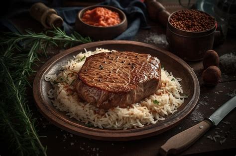 A plate of food with a piece of pork chop on top of rice and beans ...