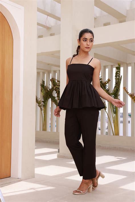 Buy Black Strappy Peplum Top with Pants Co-Ord Set – Moonstruck
