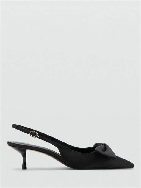 Mango Satin Pointed Toe Kitten Heel Bow Slingback Court Shoes, Black