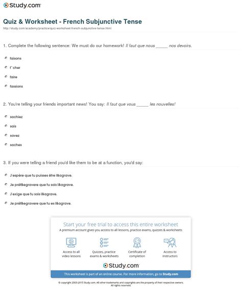 Quiz Worksheet French Subjunctive Tense Study — db-excel.com