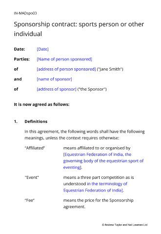 Sponsorship contract for a sports person or other individual