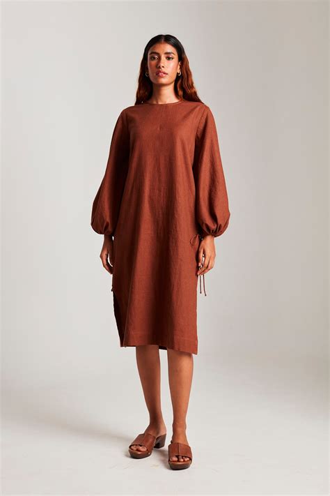 Mocha Co-Linen Balloon Sleeves Dress – Saphed