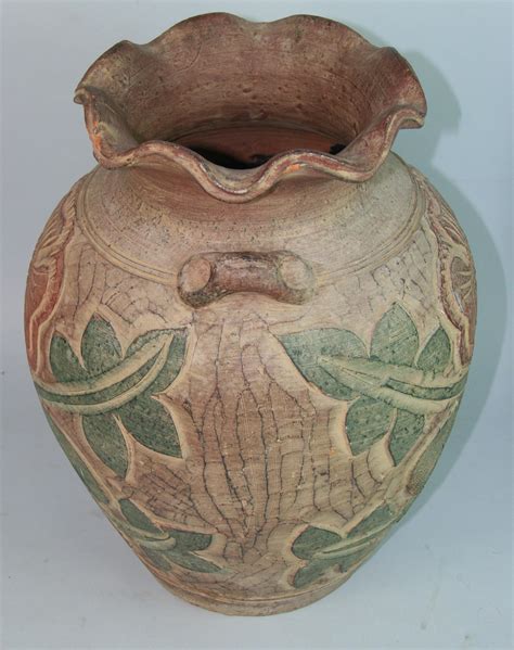 Large Spanish Incised Terracotta Vase For Sale at 1stDibs