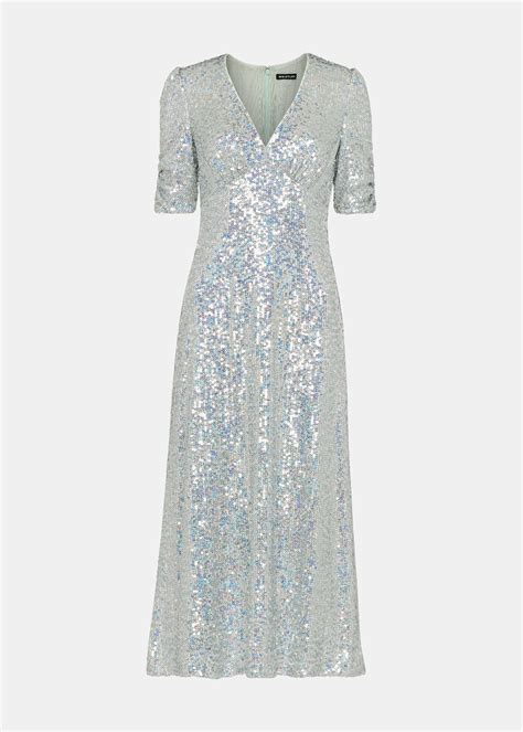 Silver Sequin V-Neck Midi Dress With Puff Sleeves | Whistles | Whistles ...