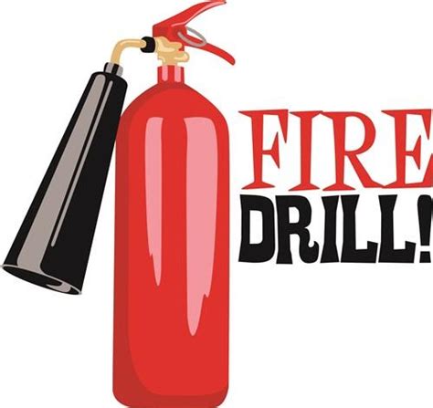 A clipart image of a red fire extinguisher with the text 'FIRE DRILL ...