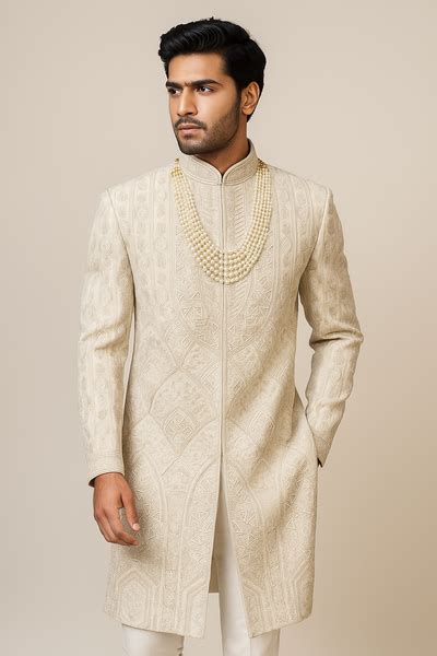 Ivory Tonal Embroidered Sherwani – aadaran