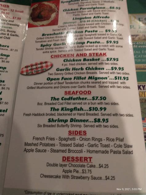 Menu at Bud Murphy's pizzeria, Connellsville