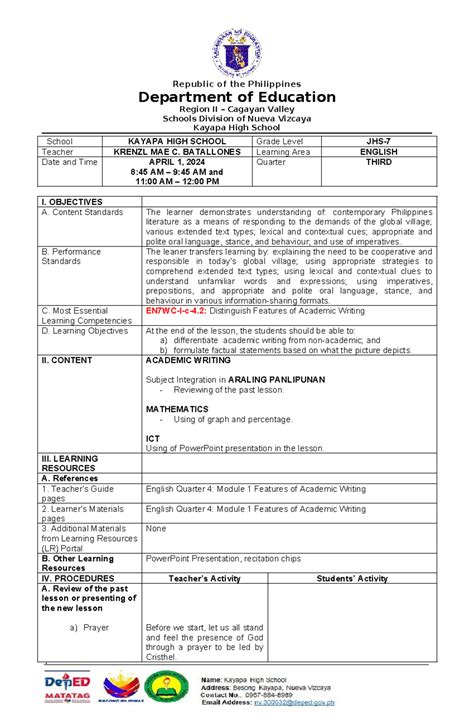 Image result for Lesson Plan Ph Example