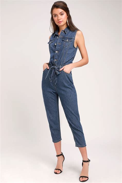 Taper Medium Wash Cropped Denim Jumpsuit | Denim jumpsuit, Denim chic ...