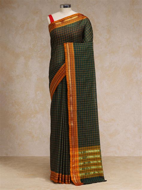 Shop Green Check Cotton Silk Kanchi Chettinad Saree With Zari Border ...