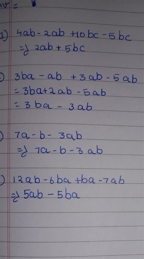 simplify 1. 4ab+10bc-2ab-5cb 2. 3ba-ab+3ab-5ab 3. 4gh-5jk-2gh+7 4. 7xy ...
